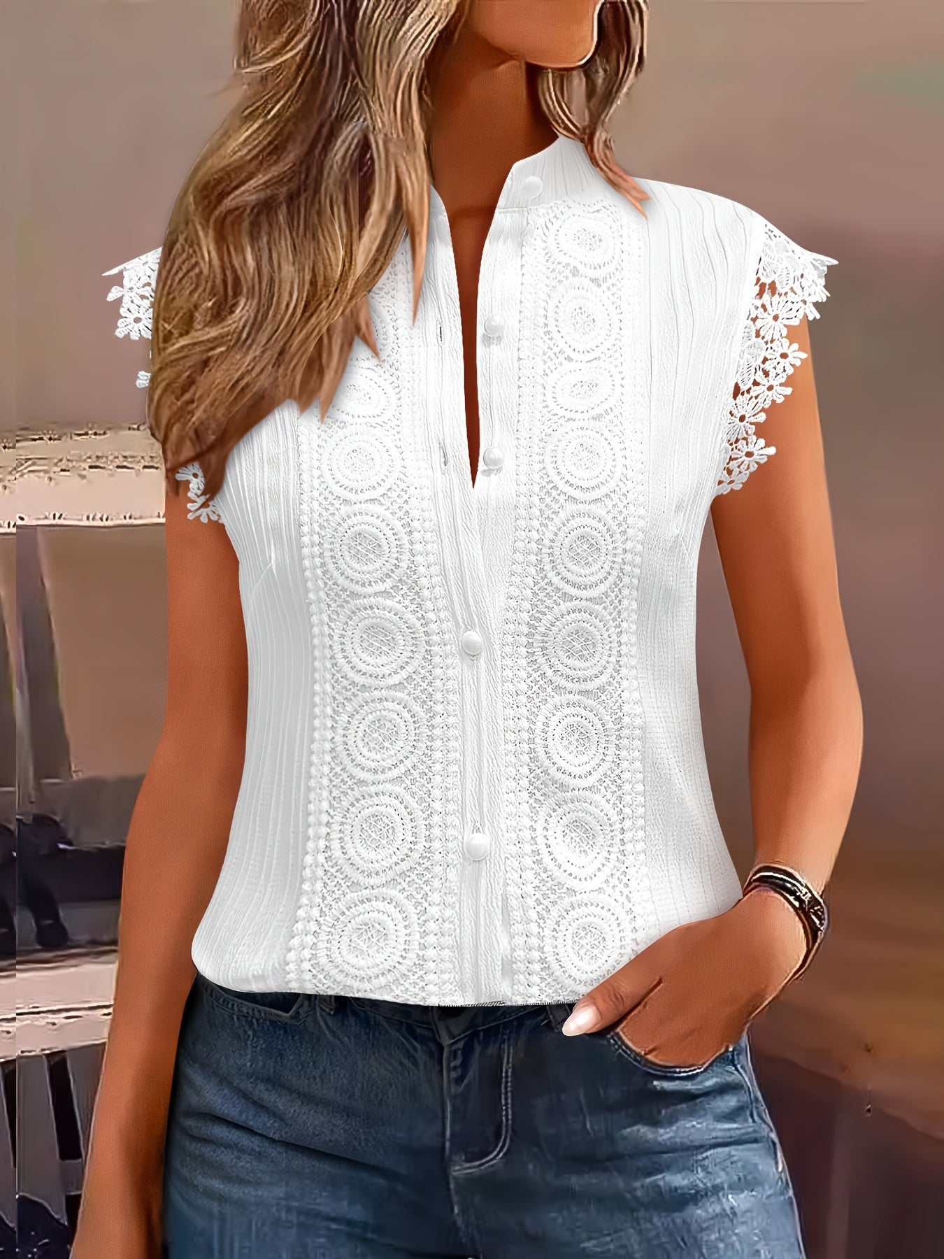 Womens Elegant V-Neck Sleeveless Button-Up Lace Detail Top