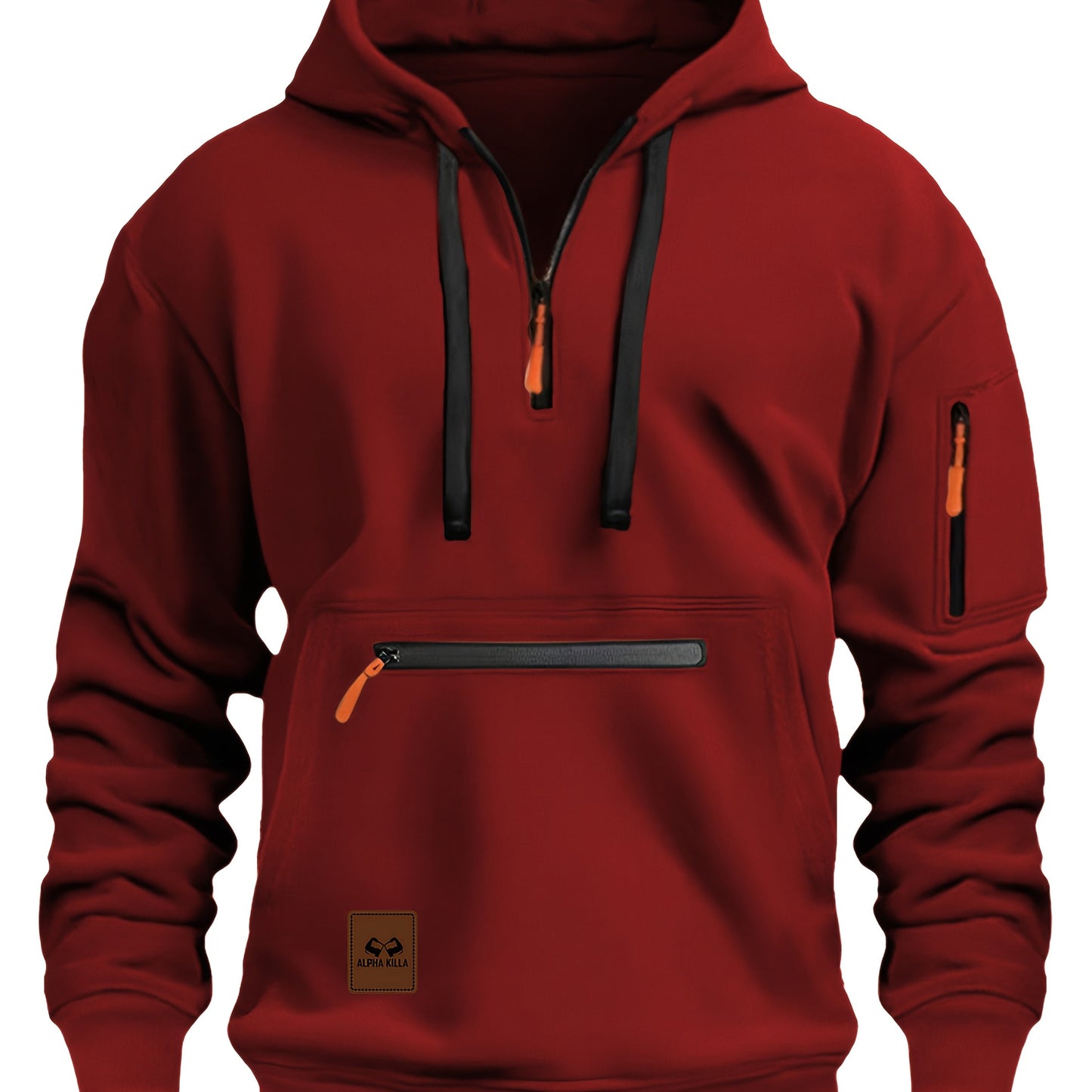 Mens Casual Hooded Zipper Pockets Half Zip Collar Solid Colour Pullover Sweatshirt