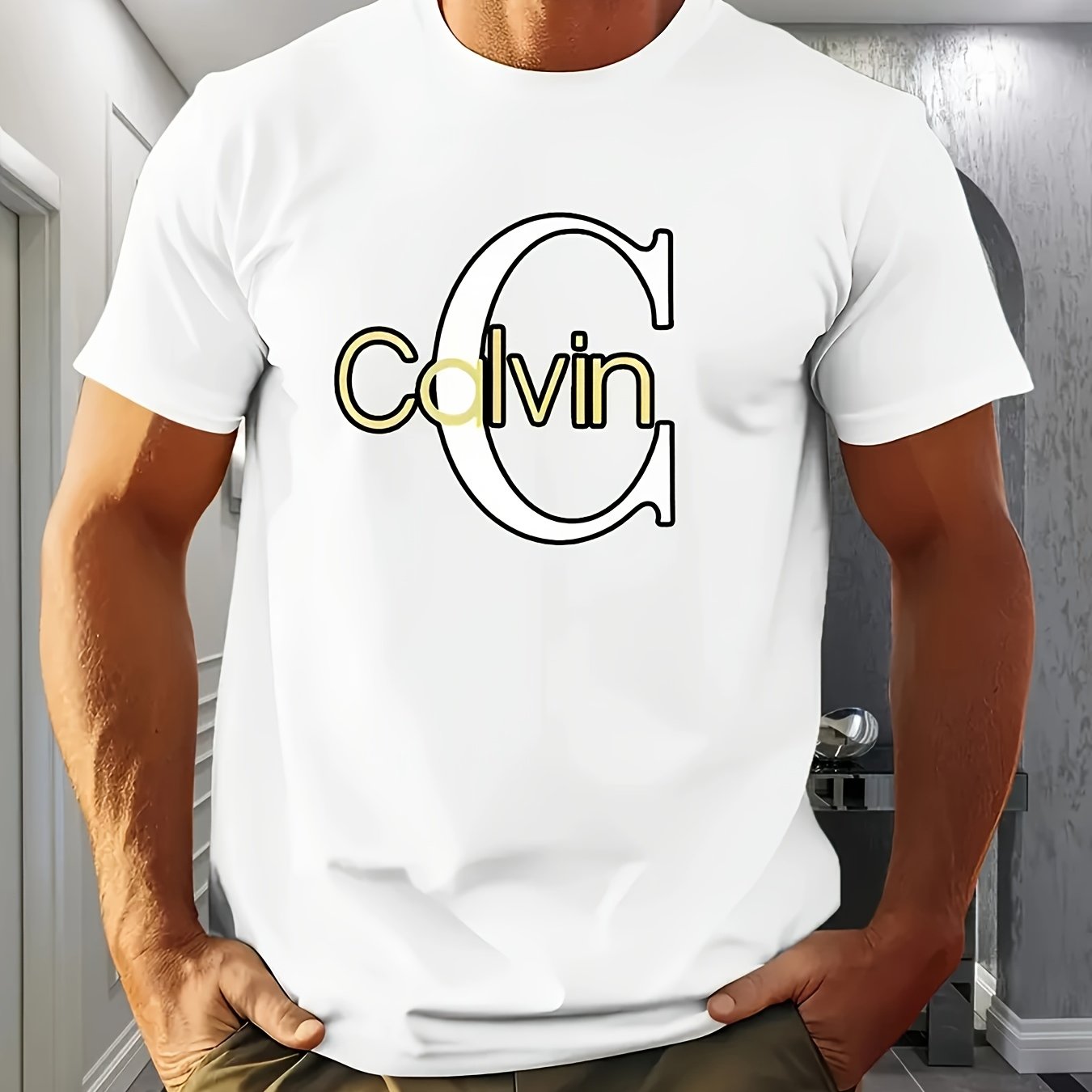 Mens Casual Short Sleeve Summer Breathable Round Neck Bold 'Calvin' Graphic Print Tshirt