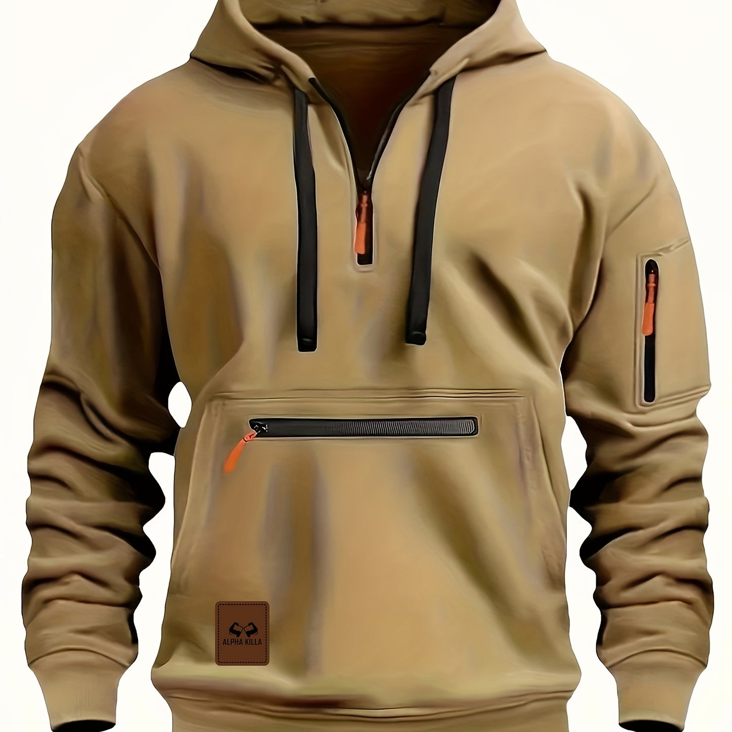 Mens Casual Hooded Zipper Pockets Half Zip Collar Solid Colour Pullover Sweatshirt