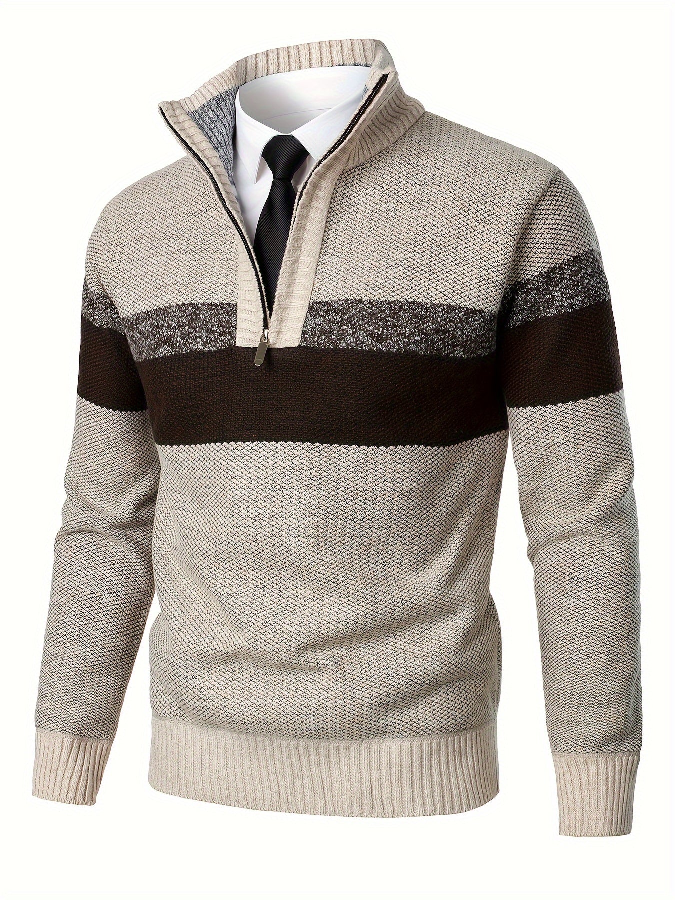 Mens Thick Fleece-Lined Casual Colour Block Stand Collar Knitted Half Zip Long Sleeved Sweater