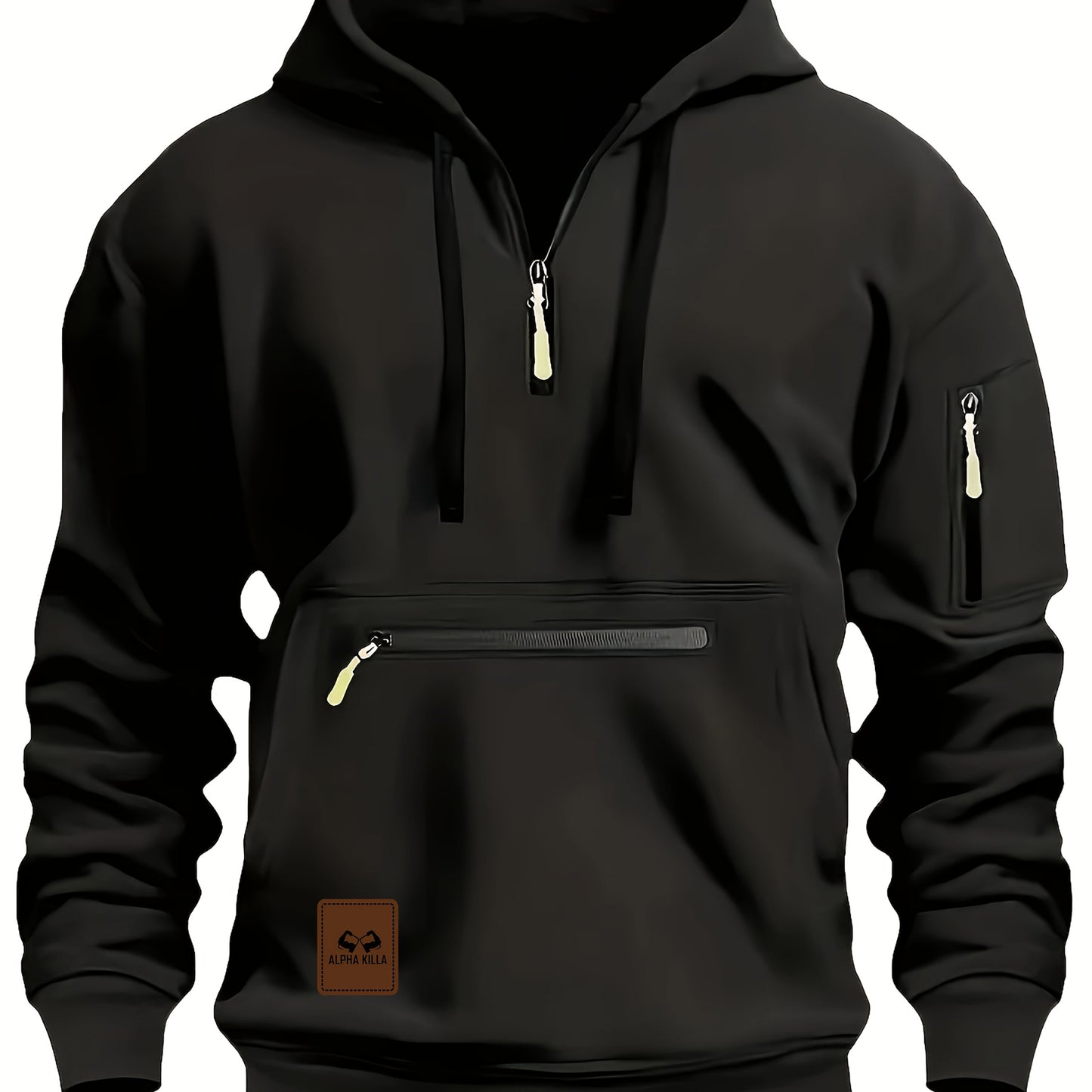 Mens Casual Hooded Zipper Pockets Half Zip Collar Solid Colour Pullover Sweatshirt