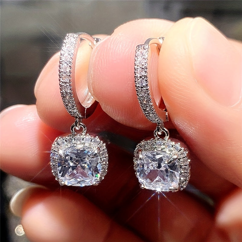Womens Elegant White Gold Plated Square Zirconia Earrings