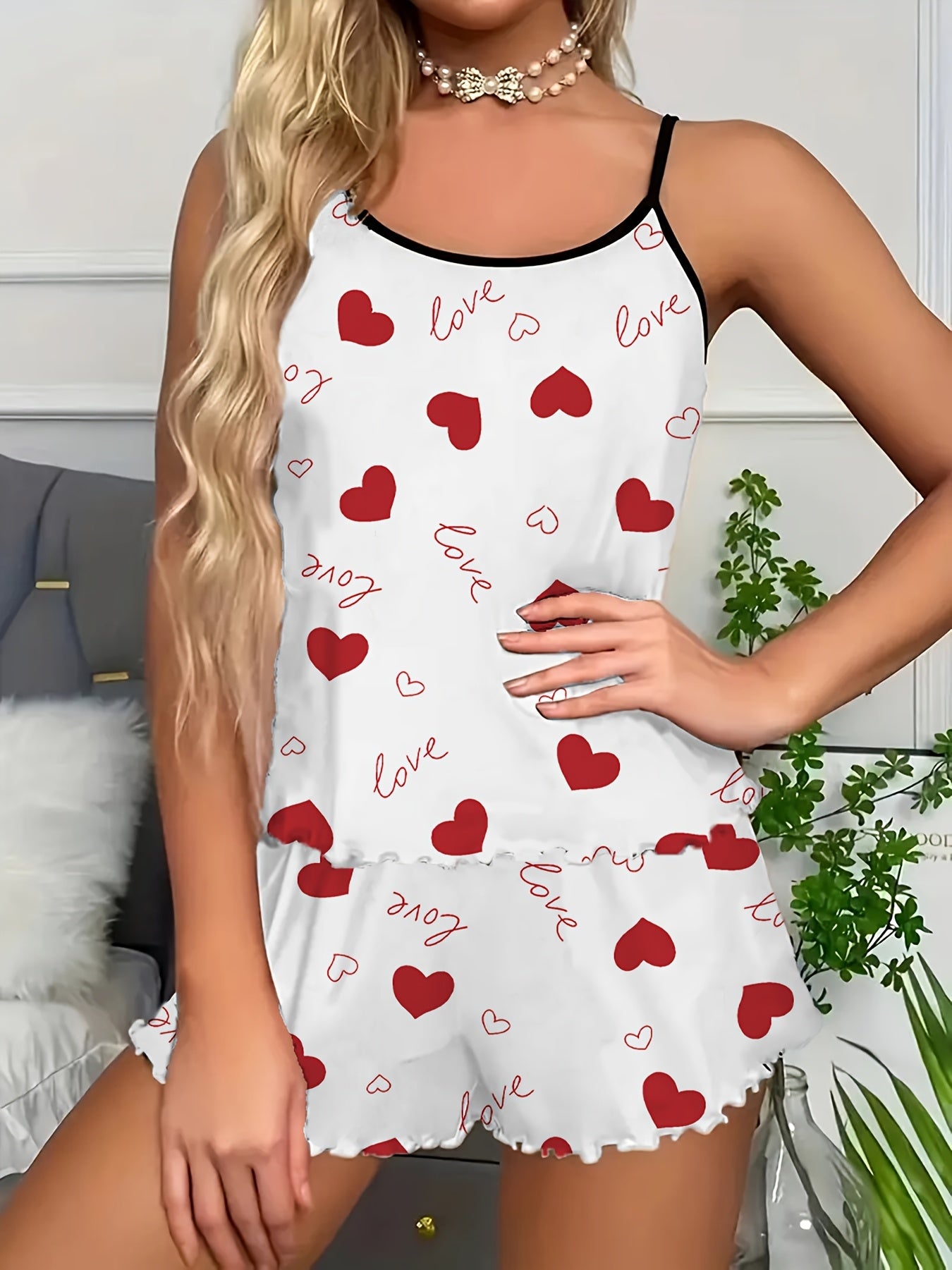 Womens Sexy Love Heart Print Spaghetti Strap Cami & Shorts Pyjama Set