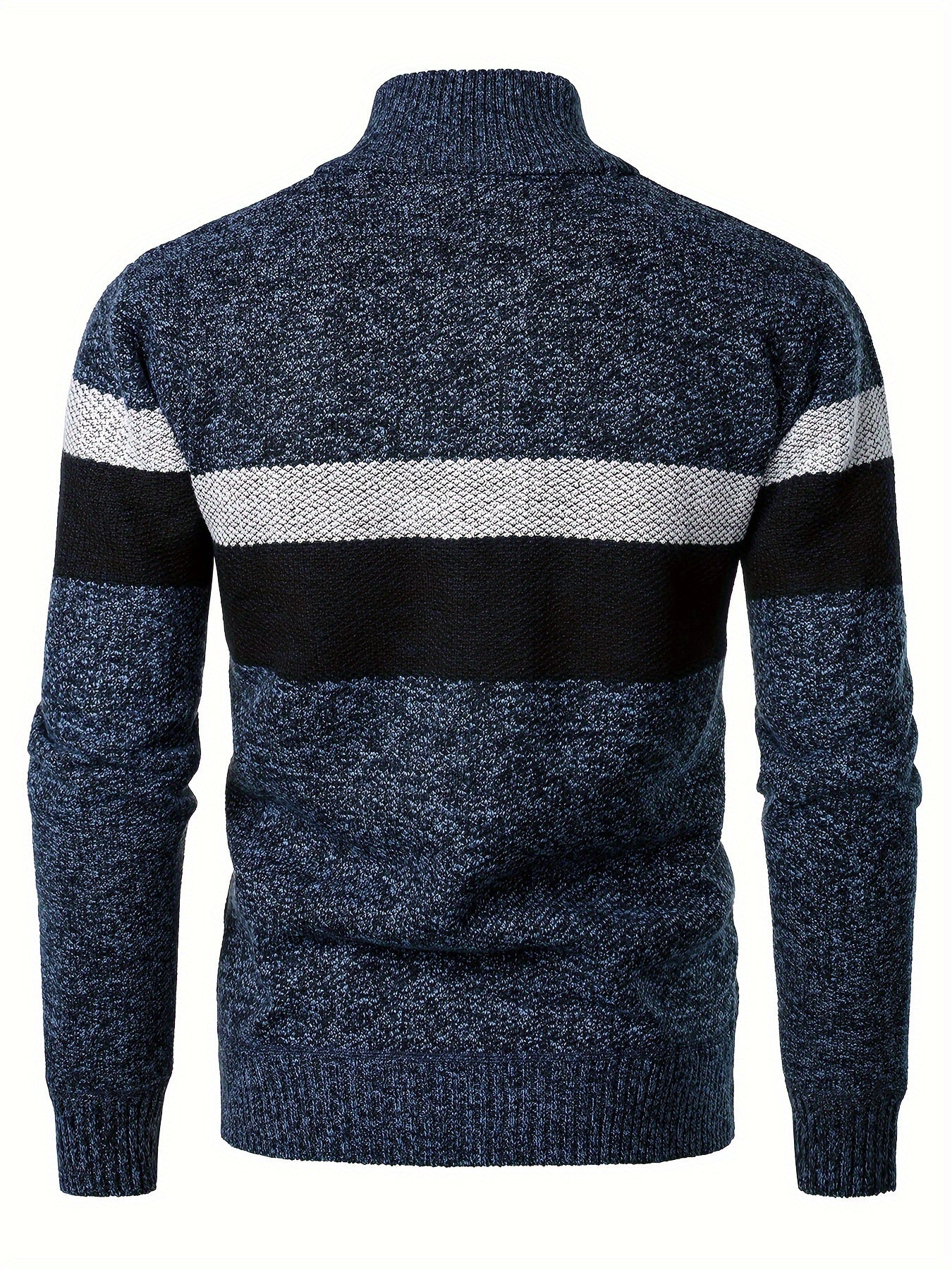 Mens Thick Fleece-Lined Casual Colour Block Stand Collar Knitted Half Zip Long Sleeved Sweater