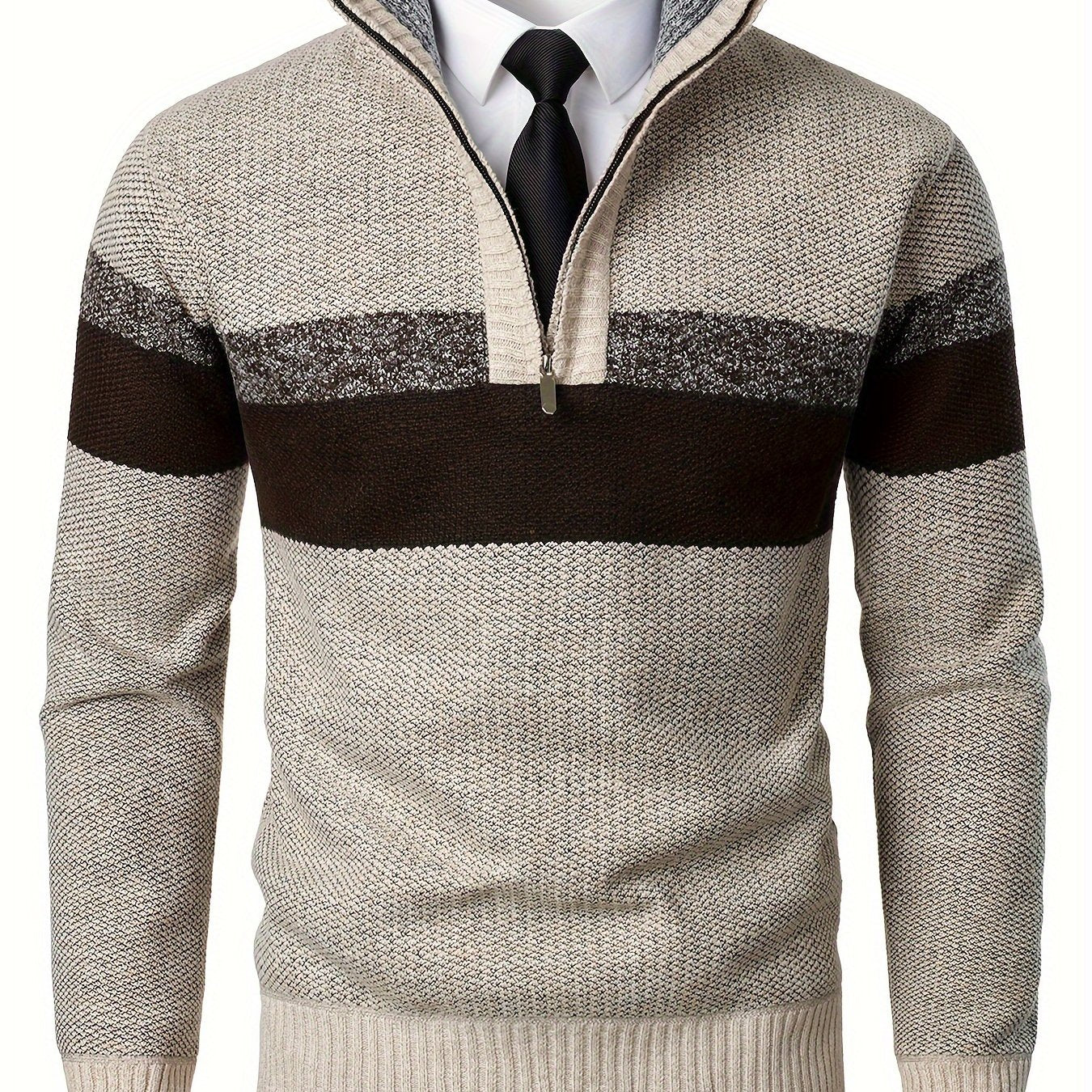 Mens Thick Fleece-Lined Casual Colour Block Stand Collar Knitted Half Zip Long Sleeved Sweater