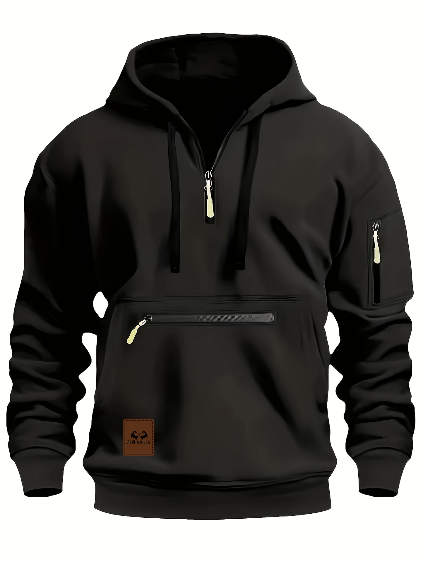 Mens Casual Hooded Zipper Pockets Half Zip Collar Solid Colour Pullover Sweatshirt