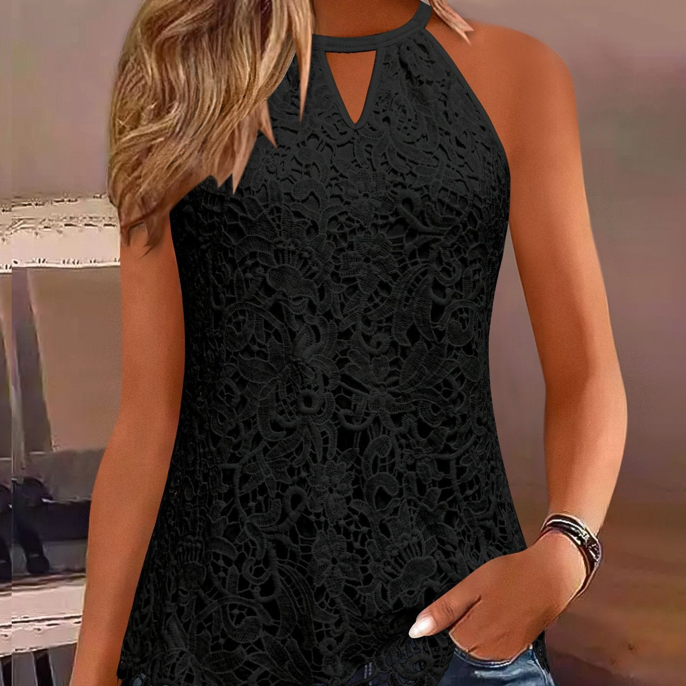 Womens Elegant Lace Trim Hollow-Out Solid Colour Round Neck Sleeveless Top