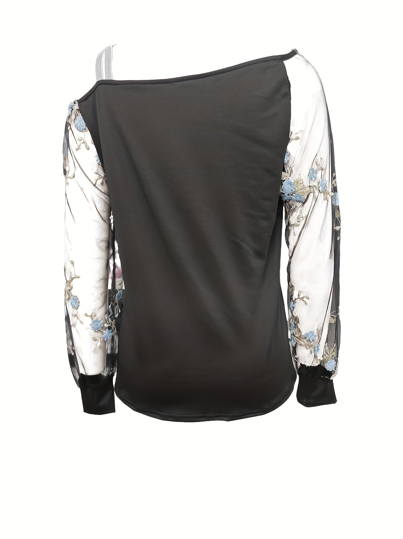 Womens Chic Floral Embroidery Asymmetrical Neck Long Sleeve Top