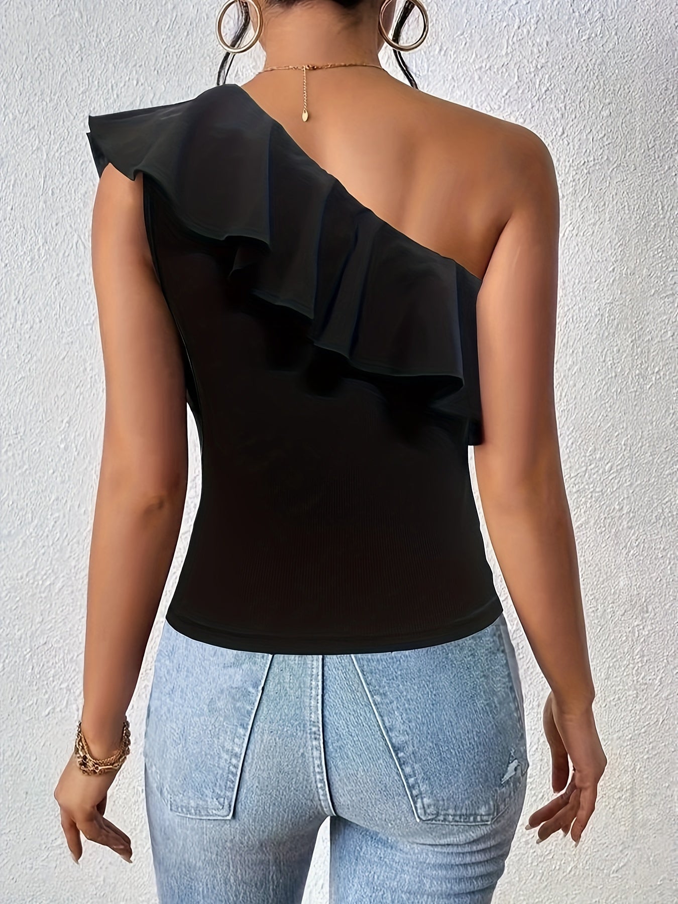 Womens Stretchy Off-Shoulder Ruffle Sleeveless Top