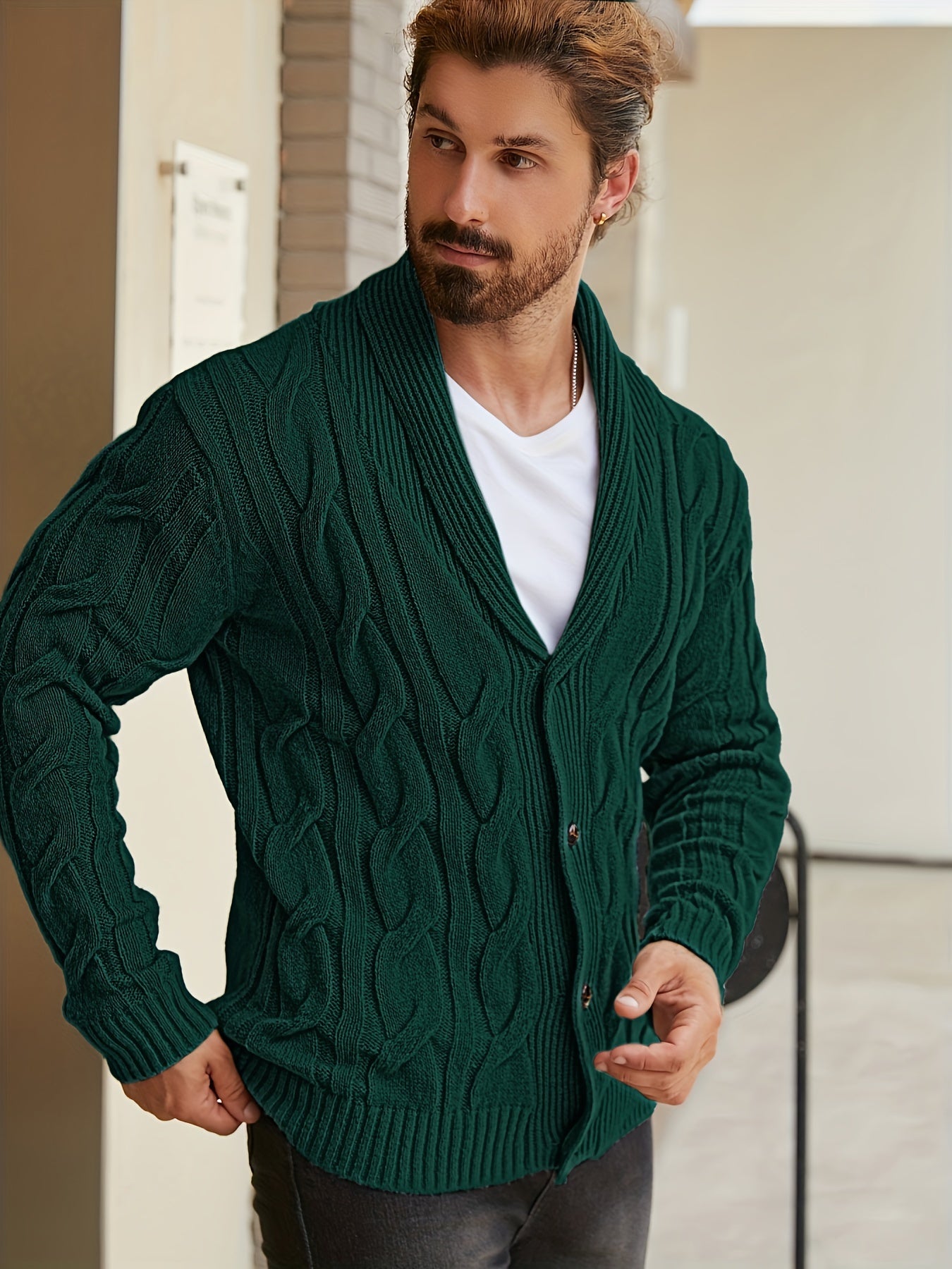 Mens Geometric Print Casual Long Sleeve Knitted Lapel Button Up Sweater