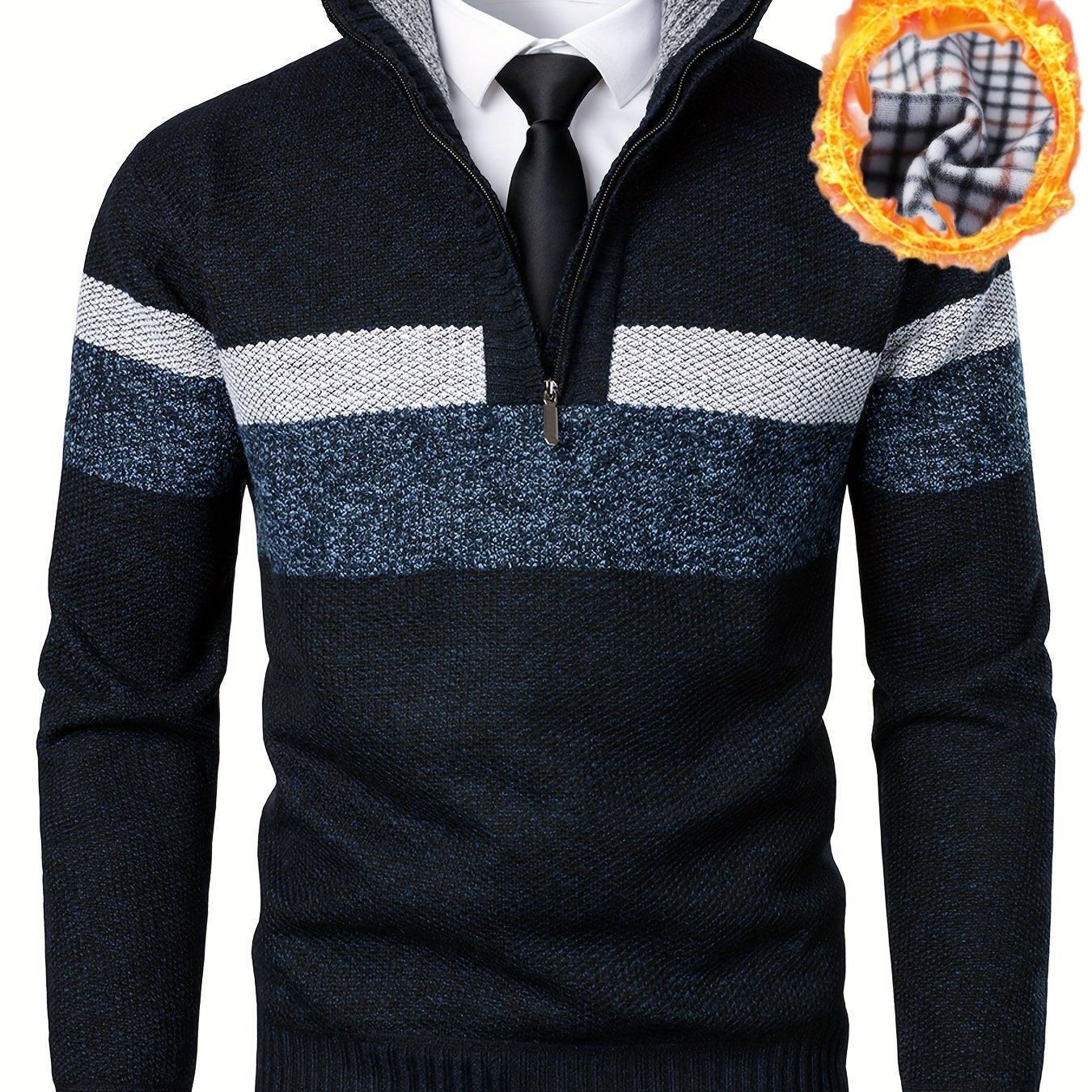 Mens Thick Fleece-Lined Casual Colour Block Stand Collar Knitted Half Zip Long Sleeved Sweater