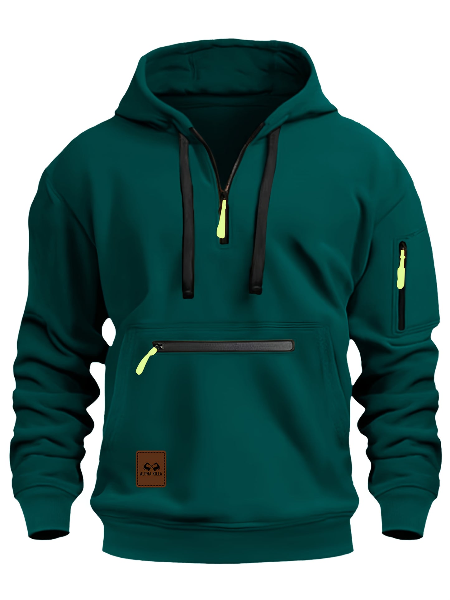 Mens Casual Hooded Zipper Pockets Half Zip Collar Solid Colour Pullover Sweatshirt