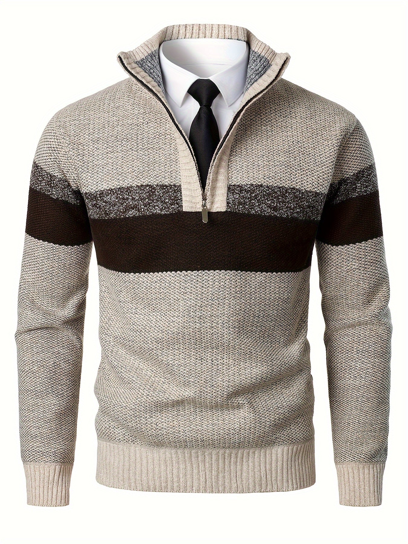 Mens Thick Fleece-Lined Casual Colour Block Stand Collar Knitted Half Zip Long Sleeved Sweater