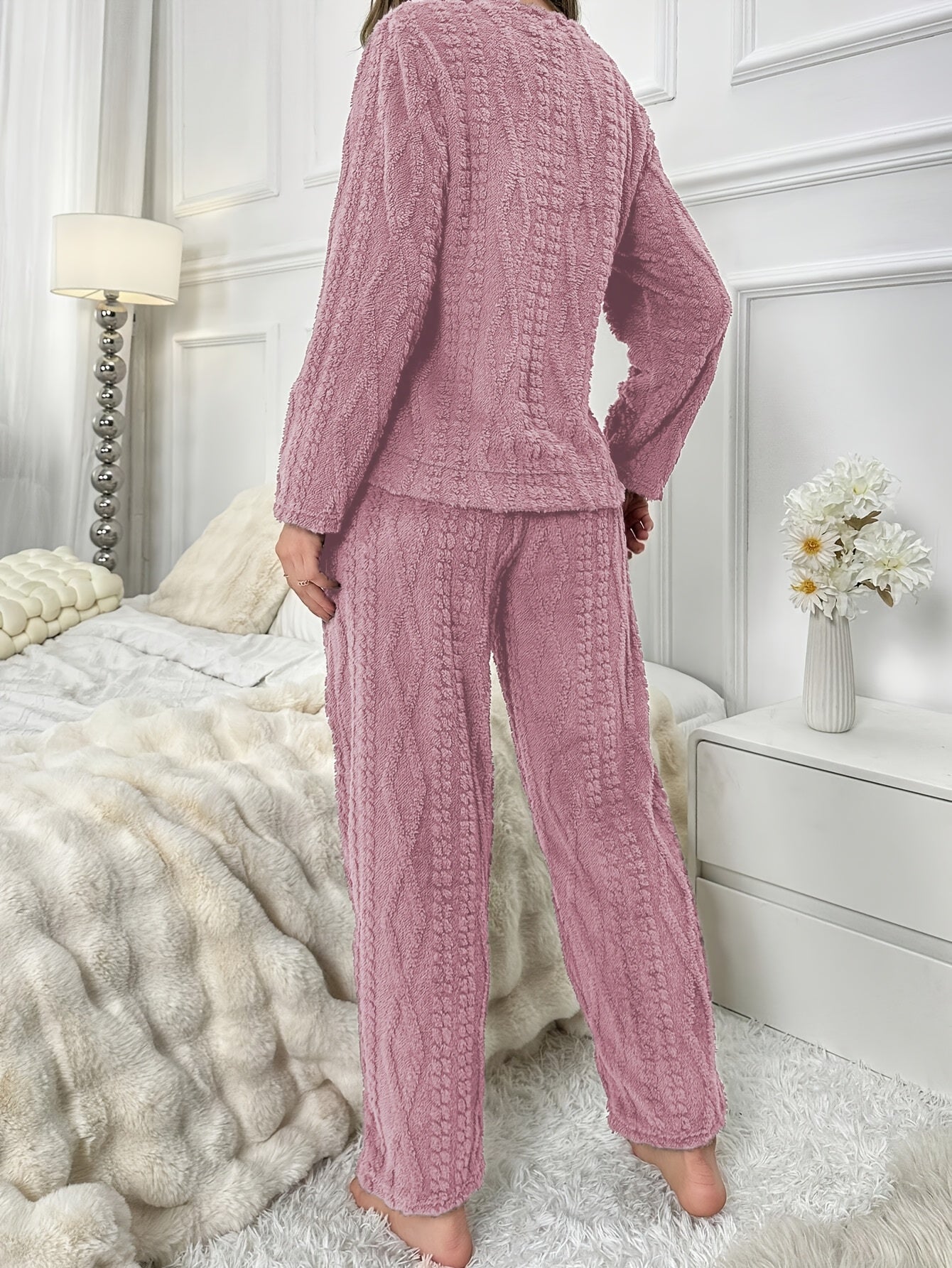 Womens Casual Bear Embroidered Thick Long Sleeve Round Neck Top & Pants Set