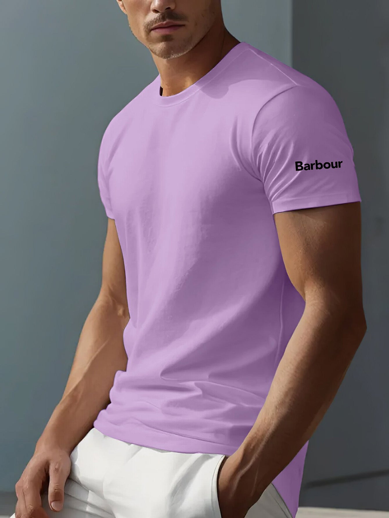 Mens Barbour Casual Round Neck Slightly Stretchy Rib-Knit Collar Letter Print Tshirt