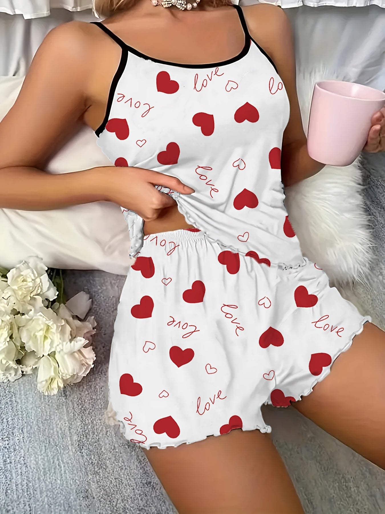 Womens Sexy Love Heart Print Spaghetti Strap Cami & Shorts Pyjama Set