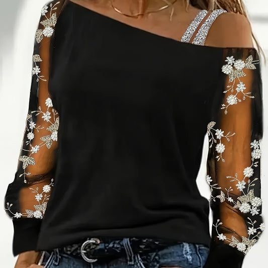 Womens Chic Floral Embroidery Asymmetrical Neck Long Sleeve Top
