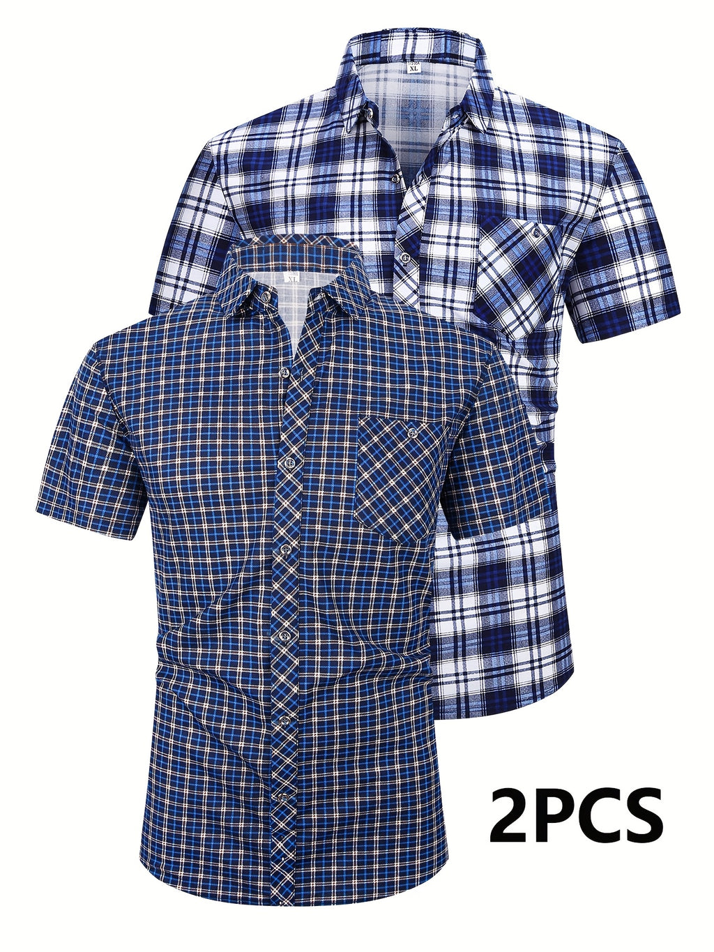 Mens Casual 2 Pcs Short Sleeve Plaid Button-Up Shirts