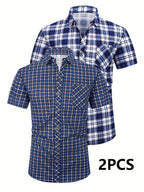 Mens Casual 2 Pcs Short Sleeve Plaid Button-Up Shirts