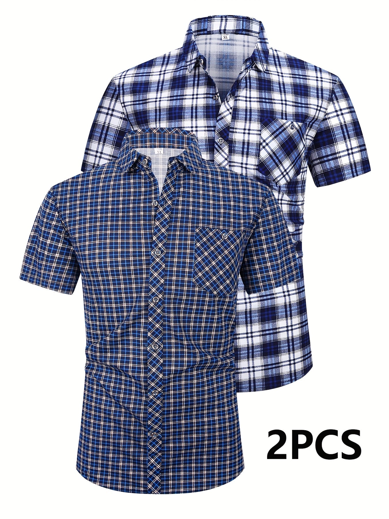 Mens Casual 2 Pcs Short Sleeve Plaid Button-Up Shirts