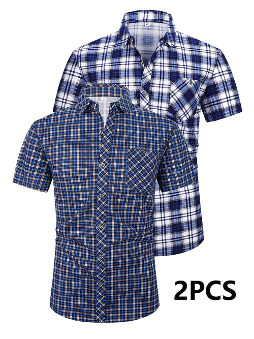 Mens Casual 2 Pcs Short Sleeve Plaid Button-Up Shirts