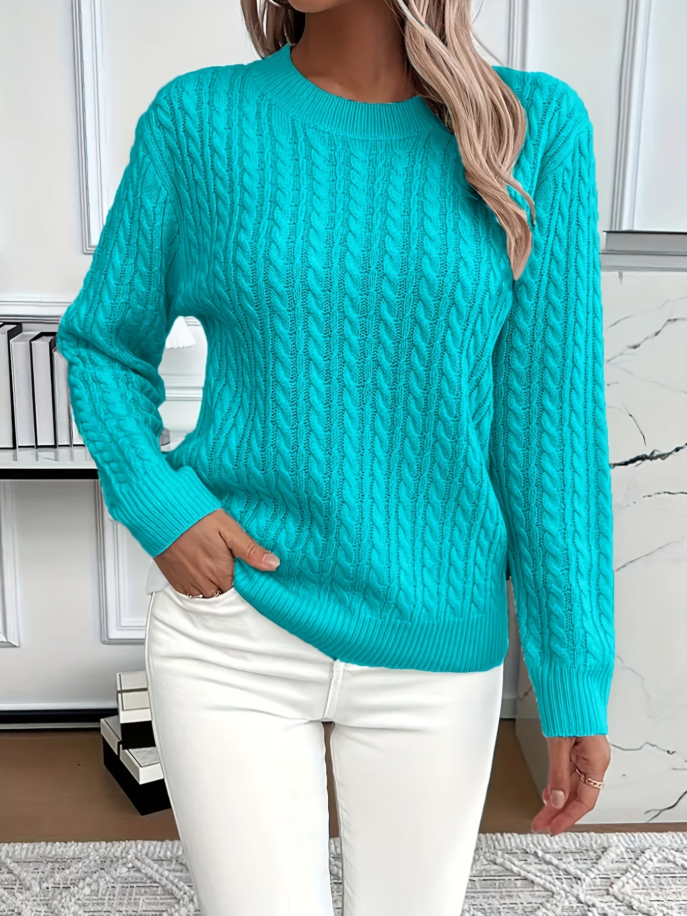 Womens Casual Loose-Fit Round Neck Long Sleeve Solid Colour Rib Design Pullover Sweater