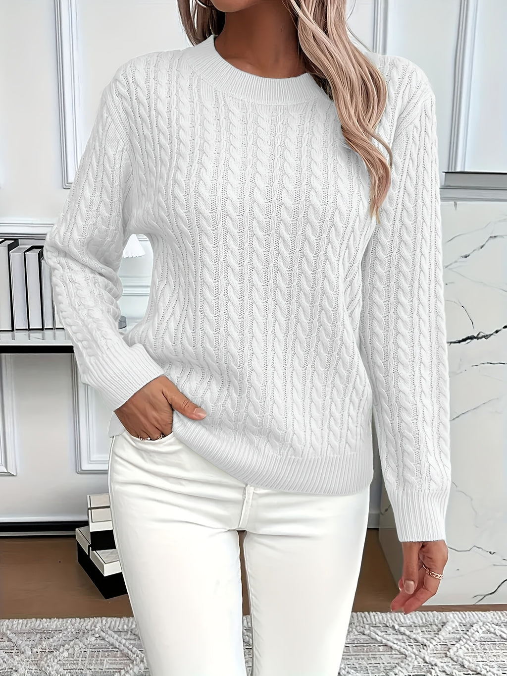 Womens Casual Loose Fit Round Neck Long Sleeve Sweater