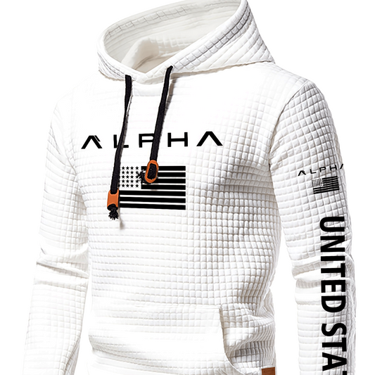 Mens Casual Letter Print Slim Fit Waffle Knit Pullover Hooded Swearshirt