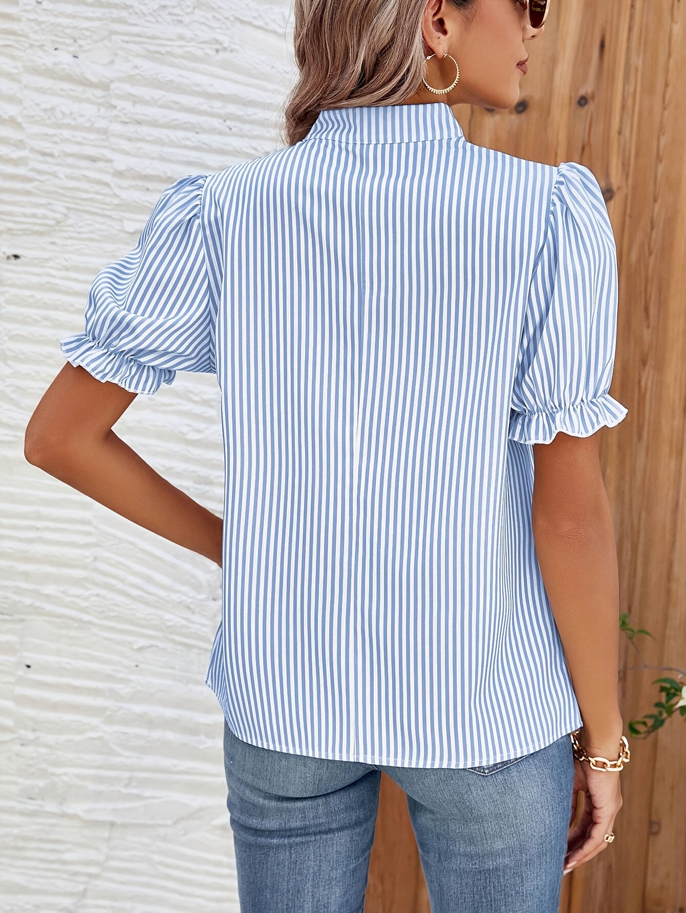 Womens Striped V-Neck Puff Short Sleeve Summer Top