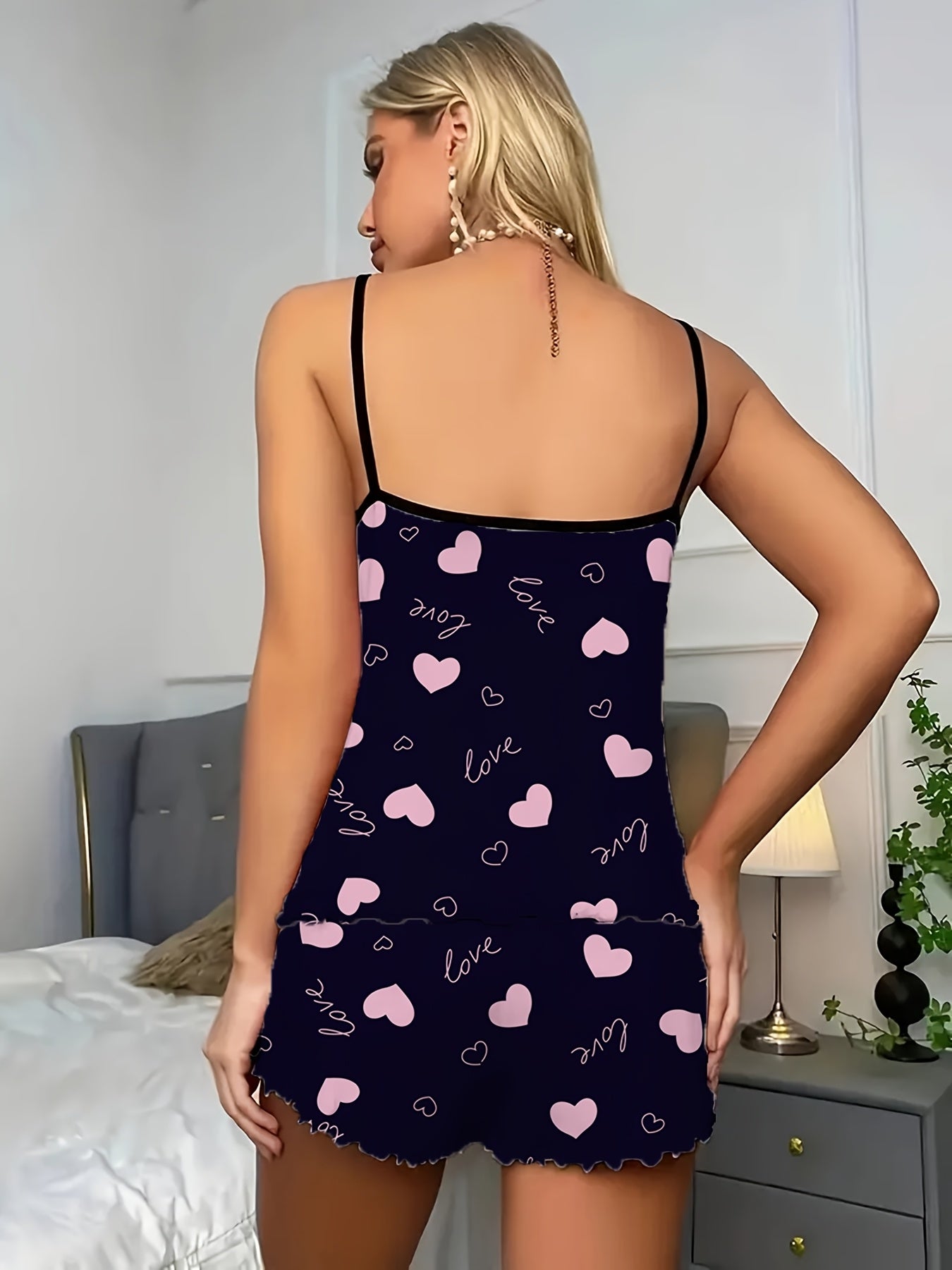 Womens Sexy Love Heart Print Spaghetti Strap Cami & Shorts Pyjama Set