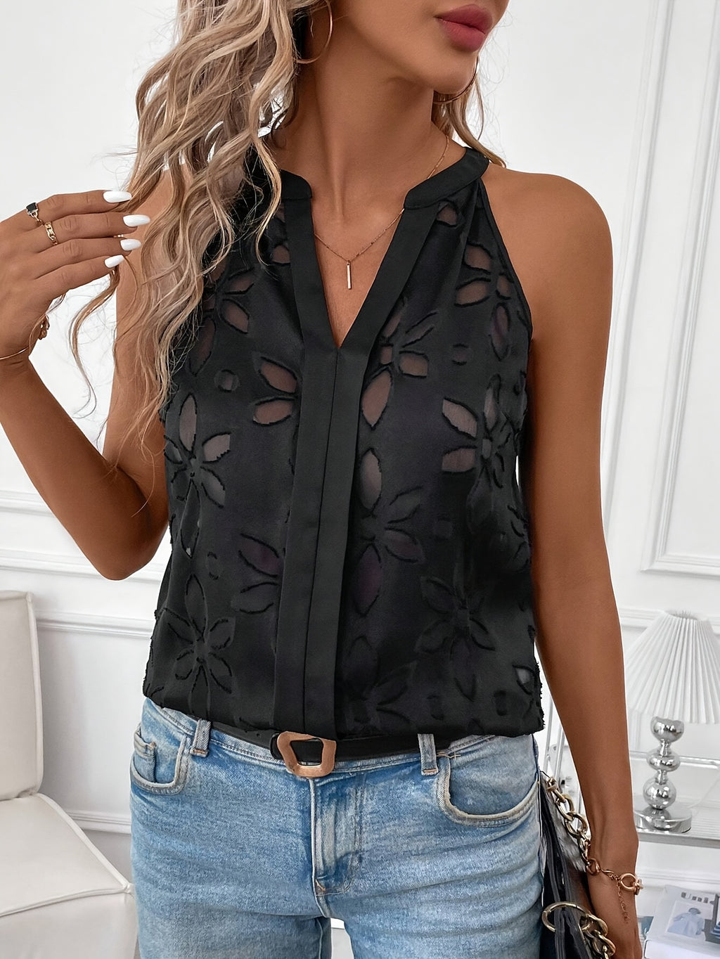 Womens Elegant V Neck Sleeveless Hollow-Out Floral Detail Semi Sheer Top