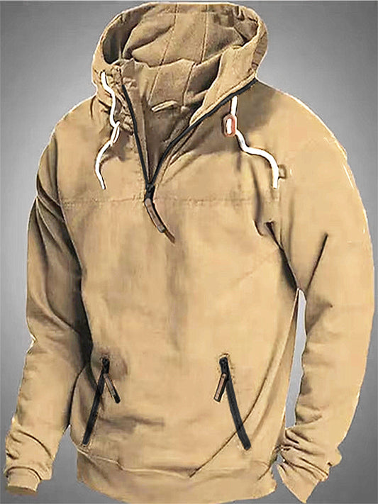 Mens Casual Long Sleeve Solid Colour 1/4 Zip Hooded Sweatshirt