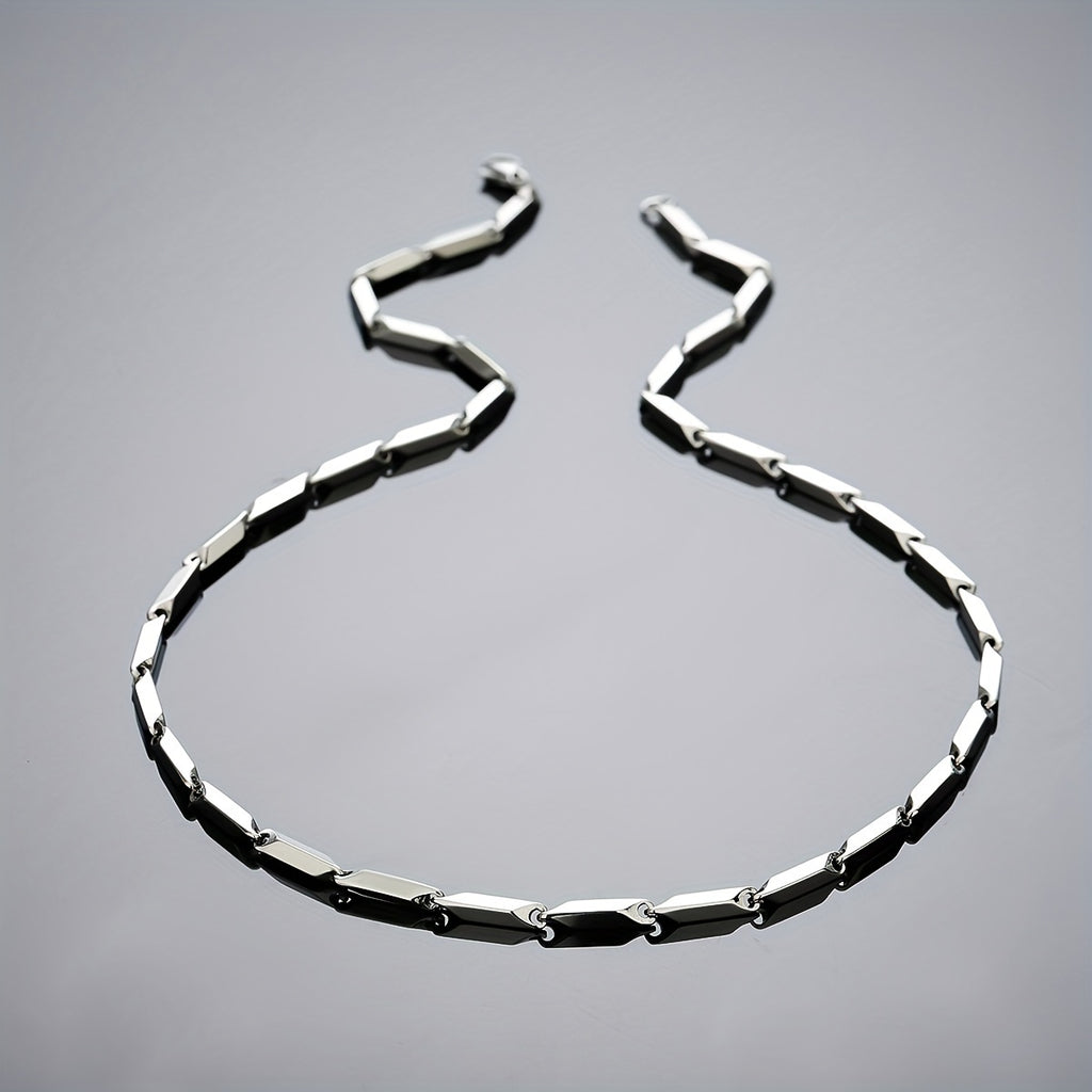 Mens Sleek White Gold Plated Geometric Design Chain Necklace