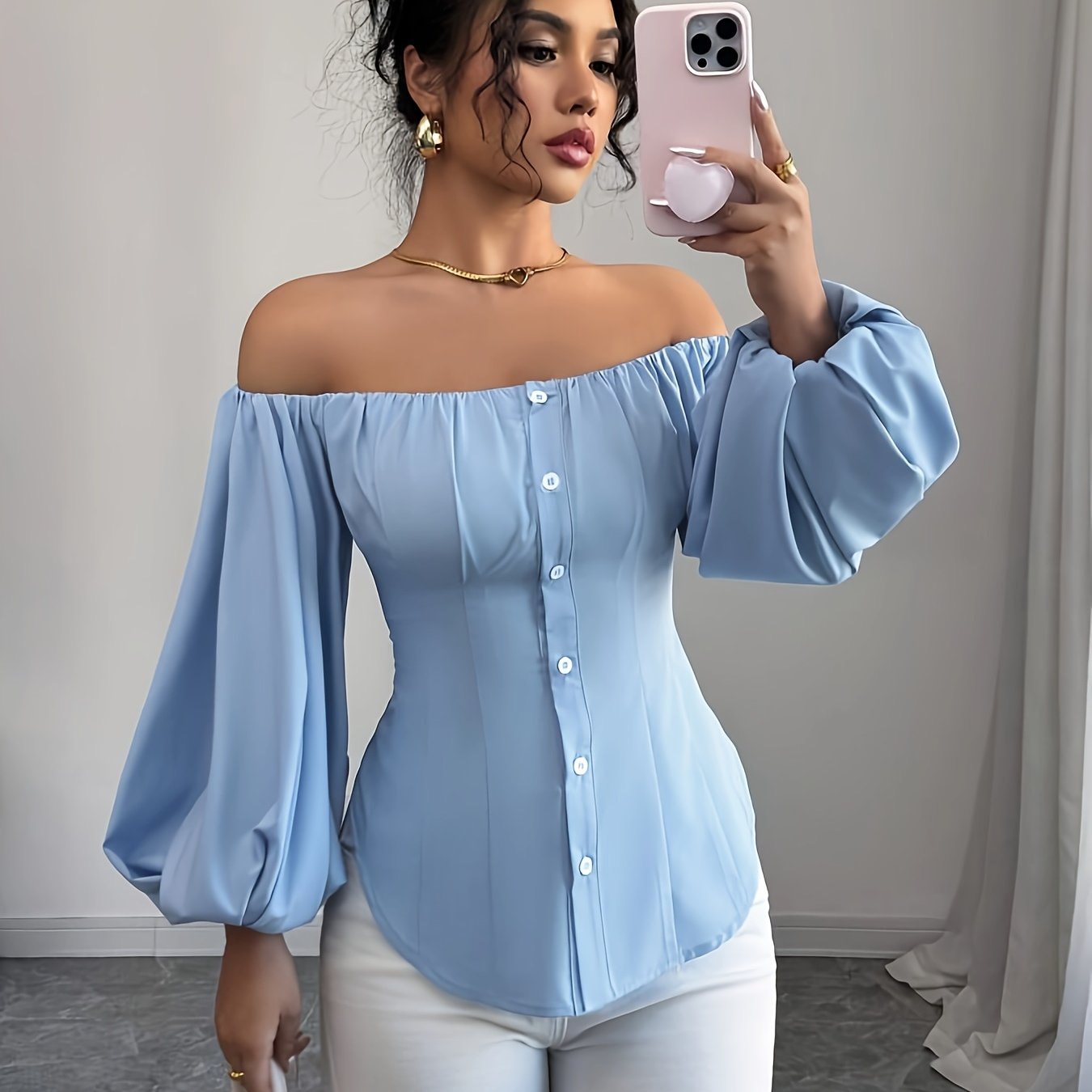 Womens Elegant Off-Shoulder Puff Sleeve Slim Fit Solid Colour Top