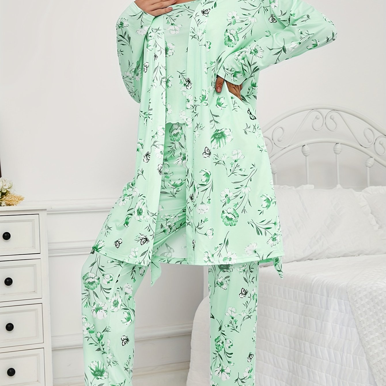 Womens 3 Piece Floral & Butterfly Print Long Pants Long Sleeve Belted Robe, Casual Crew Neck Top Nightwear Set