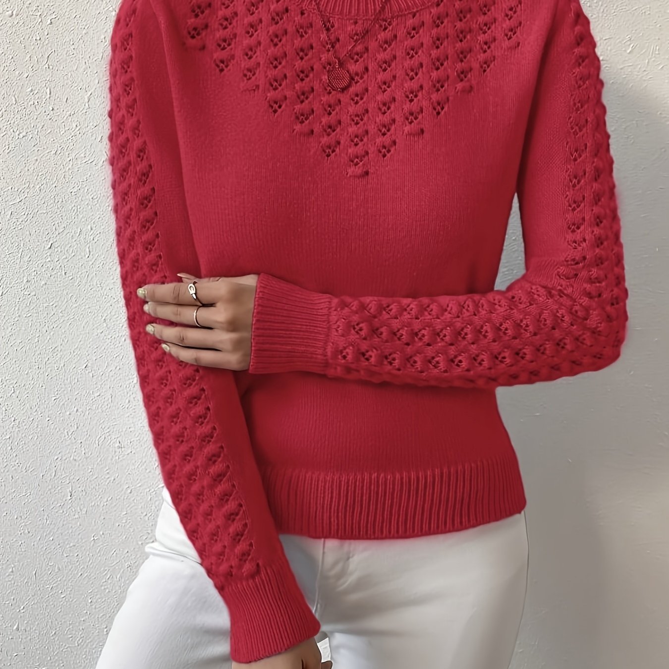 Womens Elegant Knitted Round Neck Textured Design Solid Colour Semi Sheer Sweater
