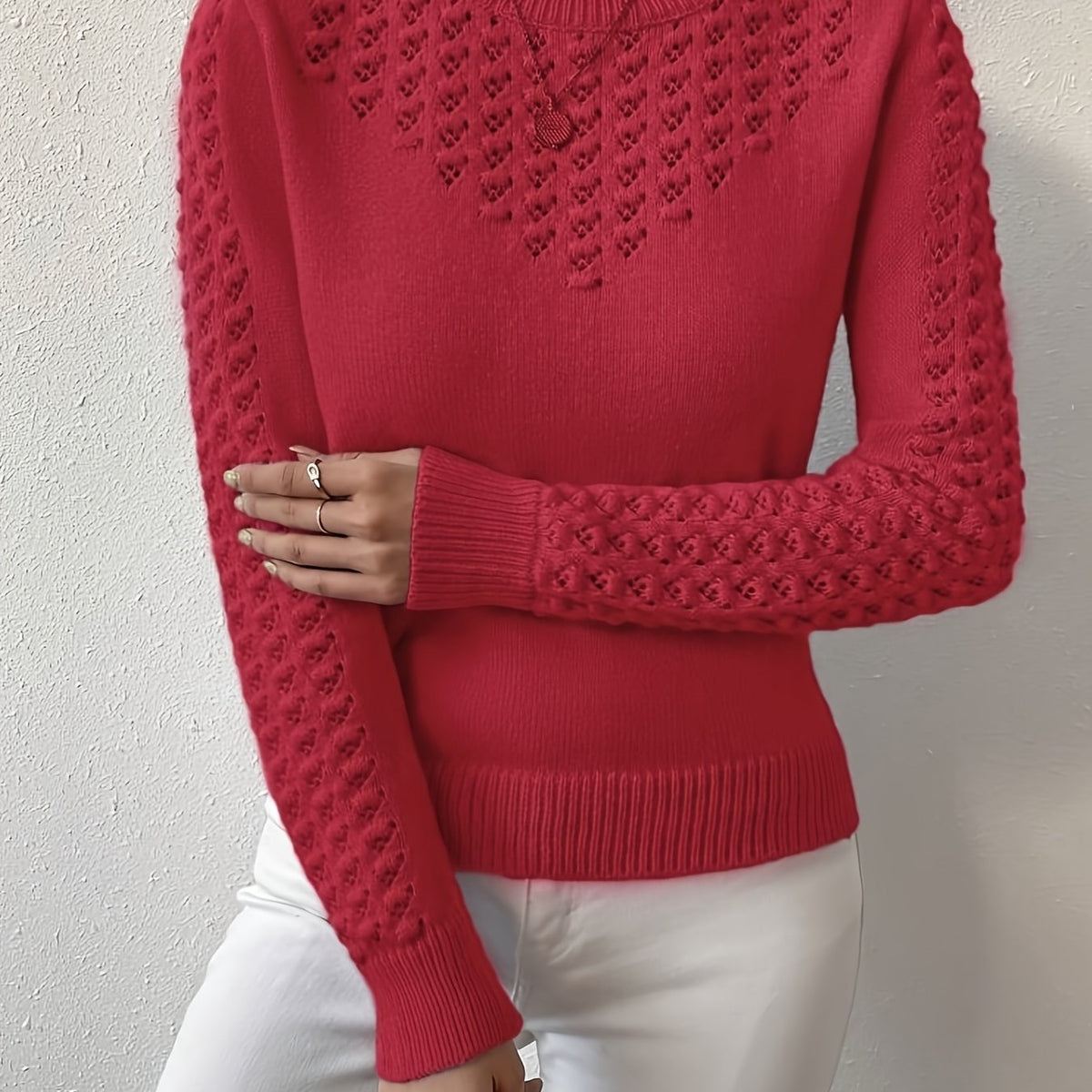 Womens Elegant Knitted Round Neck Textured Design Solid Colour Semi Sheer Sweater