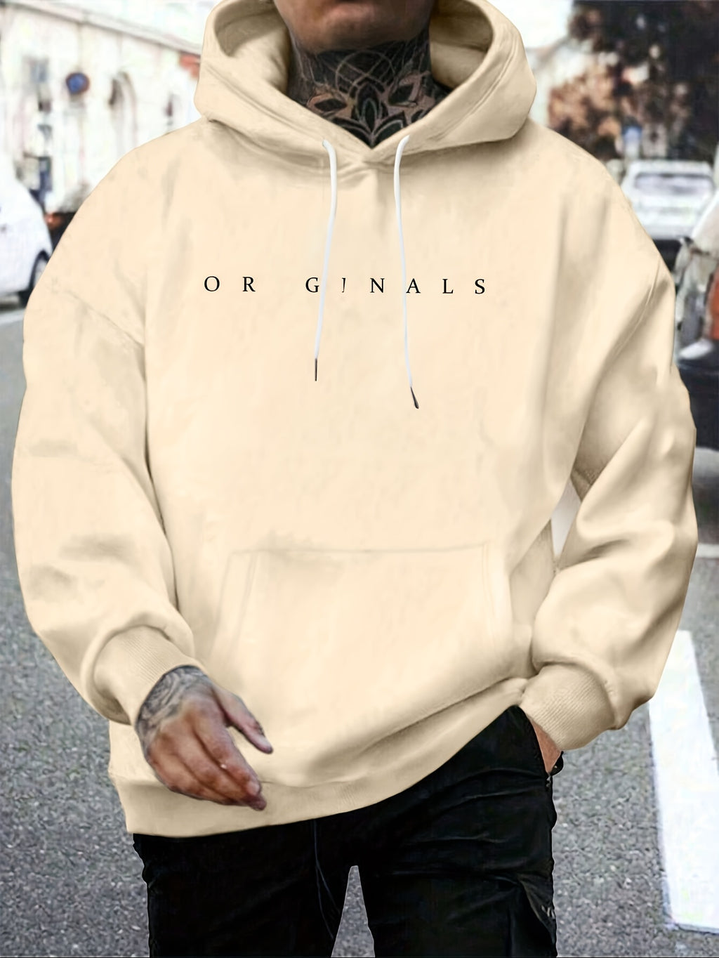 Mens Fleece-Lined Hooded Letter Print Oversized Casual Kangaroo Pocket Sweatshirt