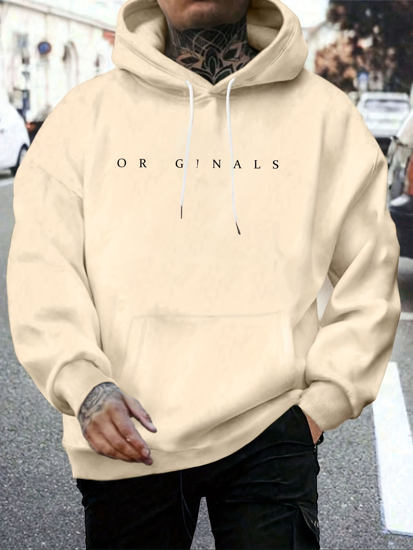 Mens Fleece-Lined Hooded Letter Print Oversized Casual Kangaroo Pocket Sweatshirt