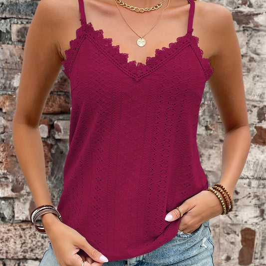 Womens Casual Eyelet Lace V-Neck Spaghetti Straps Vest Top