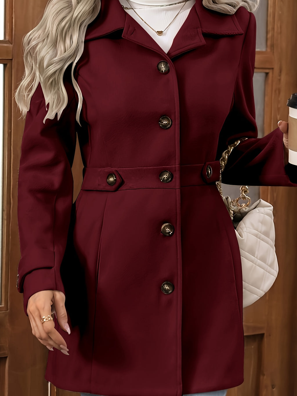 Womens Elegant Tweed Slim-Fit Lapel Collar Belted Waist Winter Coat