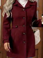 Womens Elegant Tweed Slim-Fit Lapel Collar Belted Waist Winter Coat