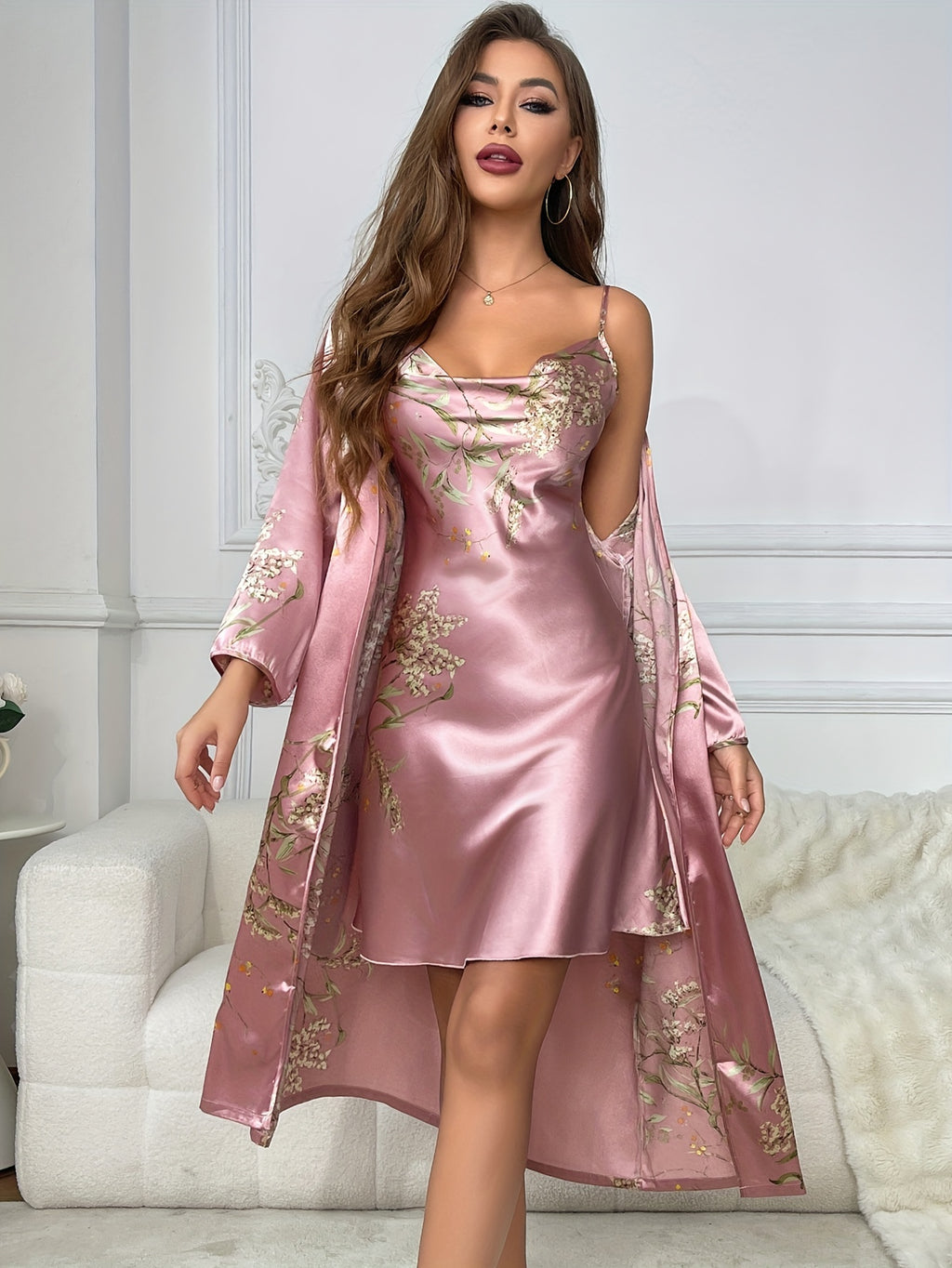 Womens Satin Cherry Print Cowl Collar Loungewear Set