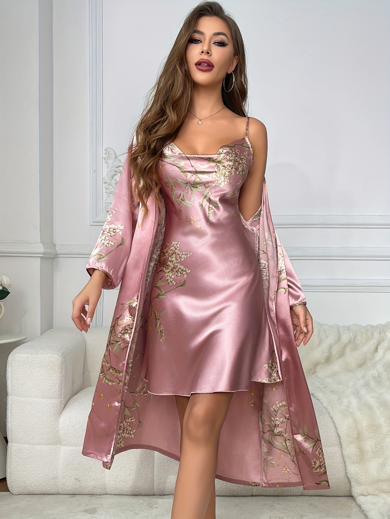 Womens Satin Cherry Print Cowl Collar Loungewear Set