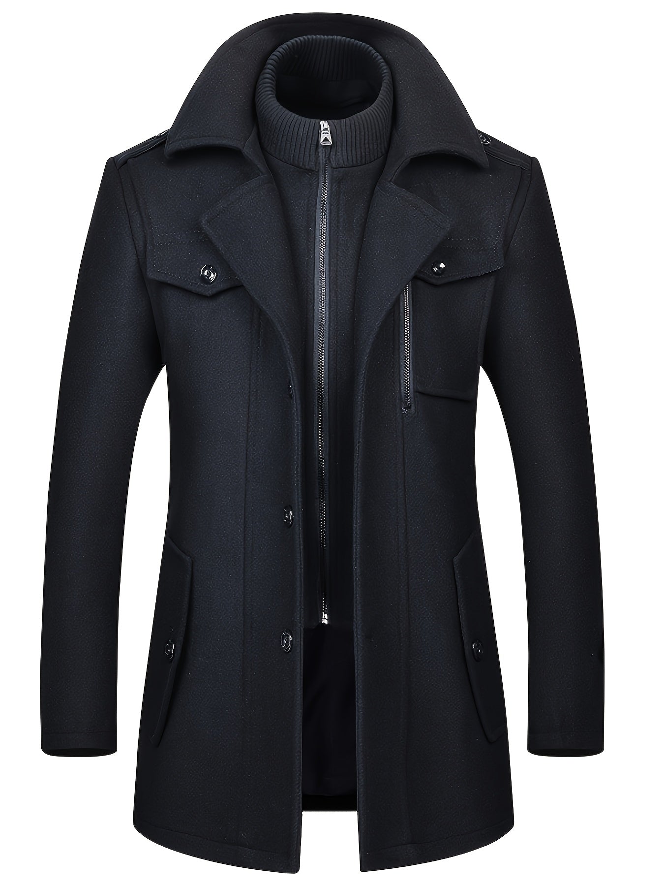 Mens Winter Detachable Double-Breasted Round Neck Coat