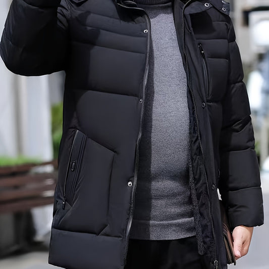 Mens Windproof Detachable Hood Multiple Pockets Plush Lining Long Winter Jacket
