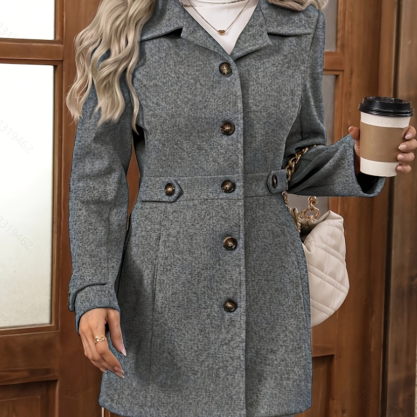 Womens Elegant Tweed Slim-Fit Lapel Collar Belted Waist Winter Coat