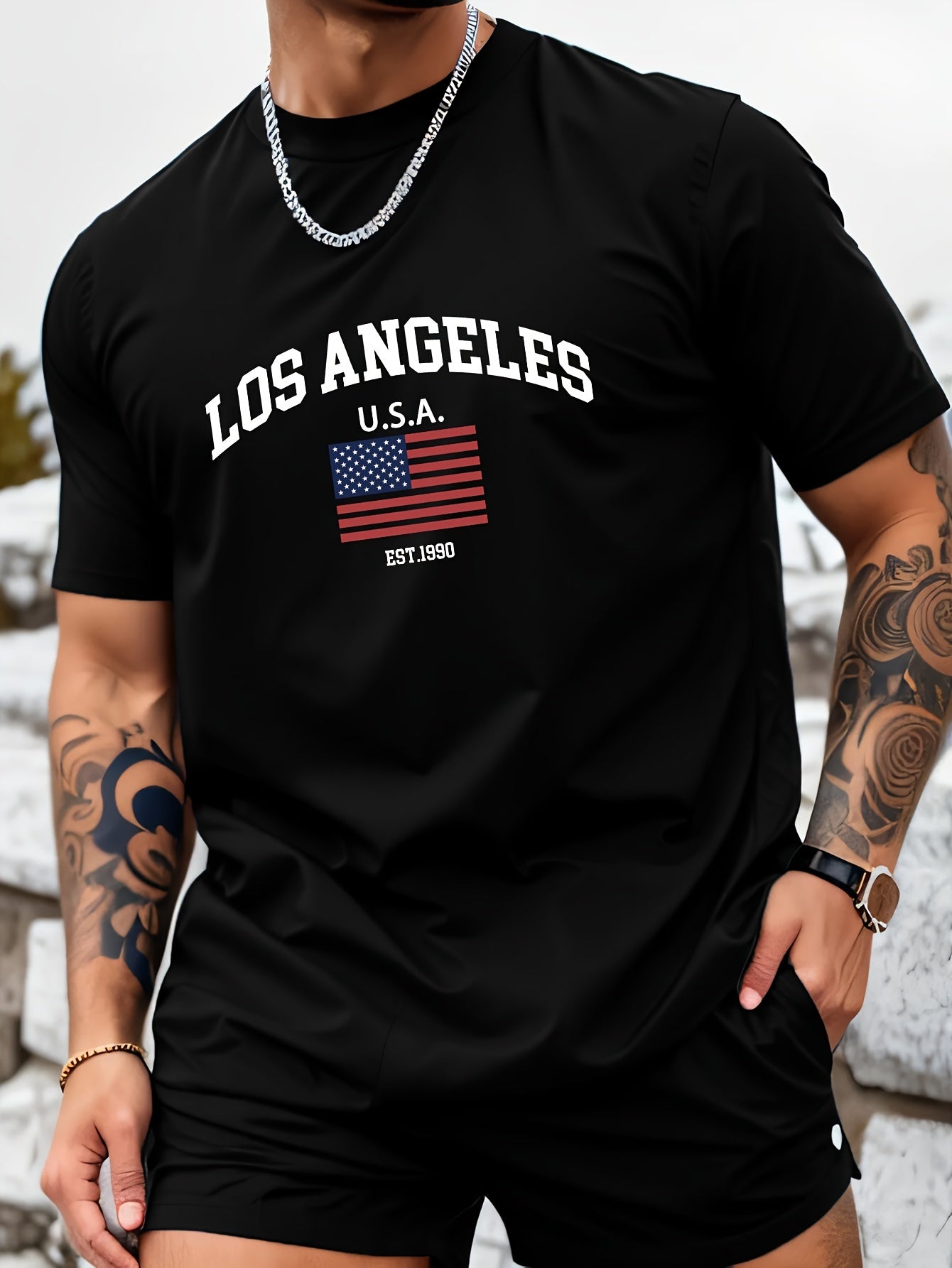 Mens Los Angeles USA Flag Print Casual Crew Neck T-Shirt