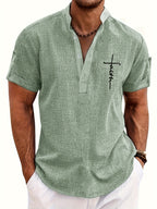 Mens Casual Graphic Print Short Sleeve Stand Collar Breathable Shirt